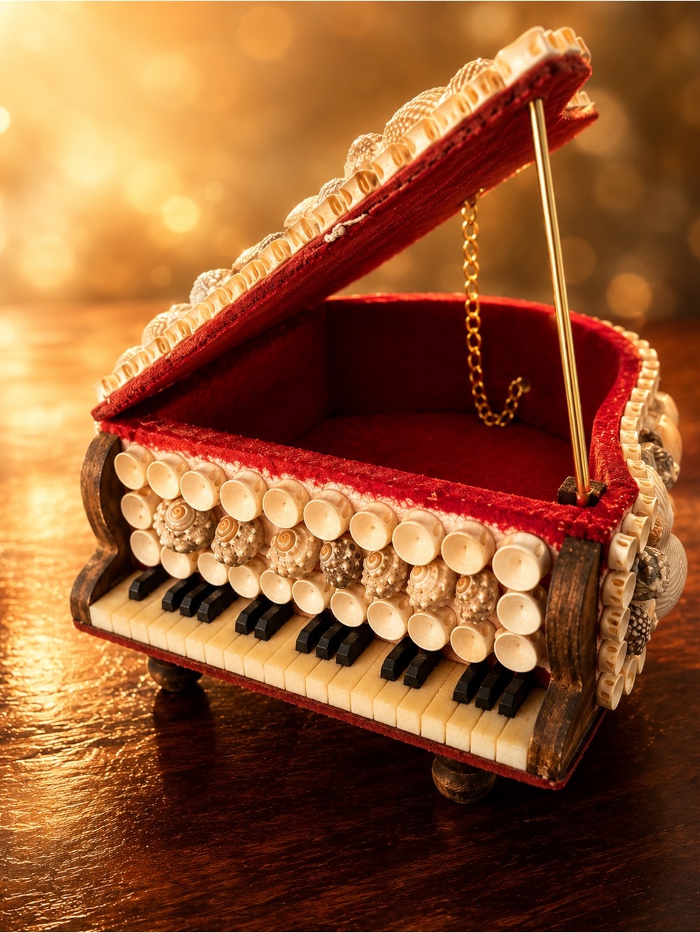 Vintage Seashell Piano Trinket Box Red Velvet Jewelry Box Coastal Decor